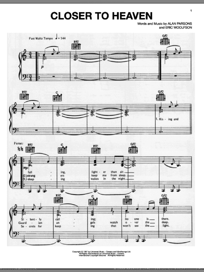 Closer To Heaven sheet music for voice, piano or guitar by Alan Parsons Project, Alan Parsons and Eric Woolfson, intermediate skill level