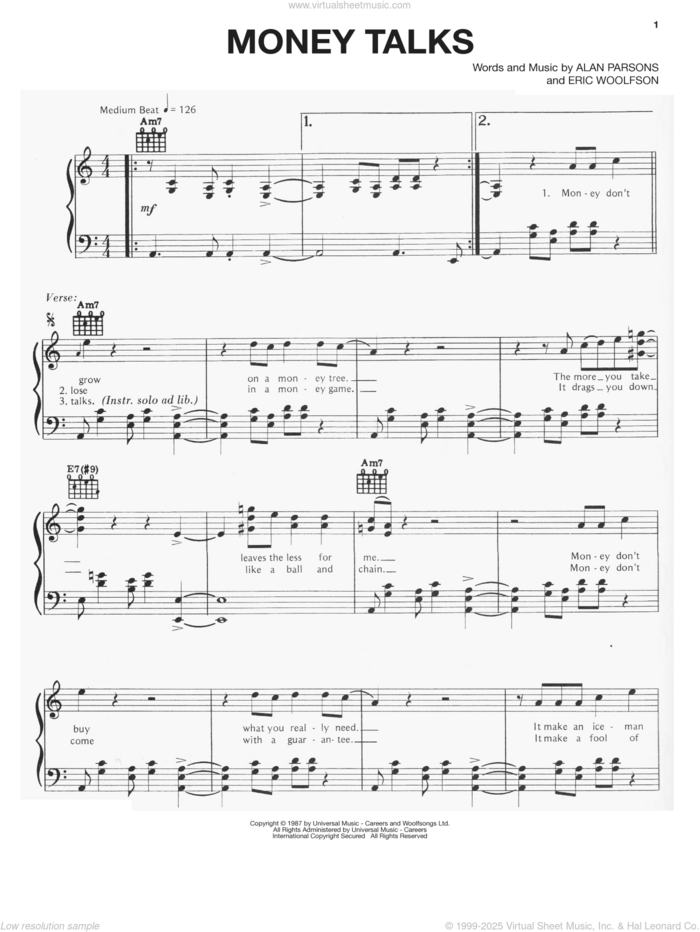 Money Talks sheet music for voice, piano or guitar by Alan Parsons Project, Alan Parsons and Eric Woolfson, intermediate skill level