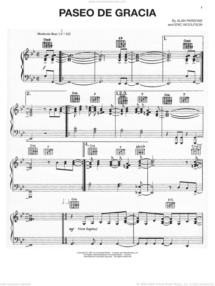 Paseo De Gracia sheet music for voice, piano or guitar by Alan Parsons Project, Alan Parsons and Eric Woolfson, intermediate skill level