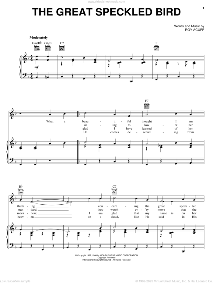 The Great Speckled Bird sheet music for voice, piano or guitar by Roy Acuff, intermediate skill level