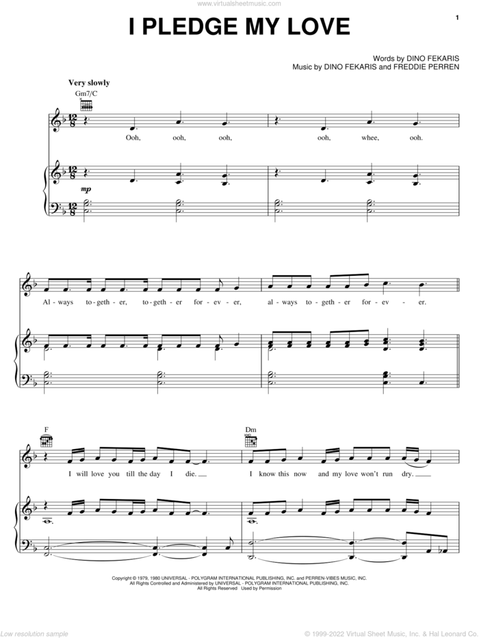 I Pledge My Love sheet music for voice, piano or guitar by Peaches & Herb, Dino Fekaris and Frederick Perren, wedding score, intermediate skill level