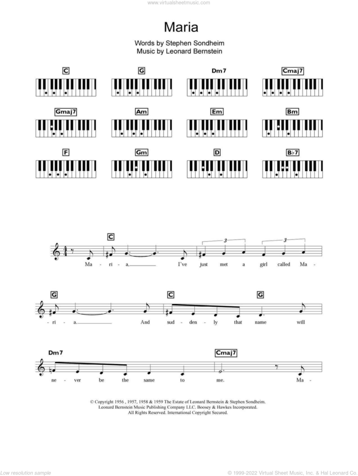 Maria (from West Side Story) sheet music for piano solo (chords, lyrics, melody) by Leonard Bernstein, West Side Story (Musical) and Stephen Sondheim, intermediate piano (chords, lyrics, melody)