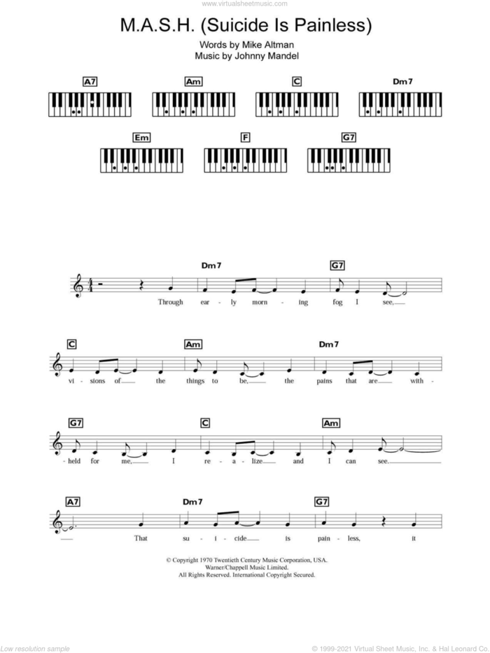 Song From M*A*S*H (Suicide Is Painless) sheet music for piano solo (chords, lyrics, melody) by Johnny Mandel and Mike Altman, intermediate piano (chords, lyrics, melody)