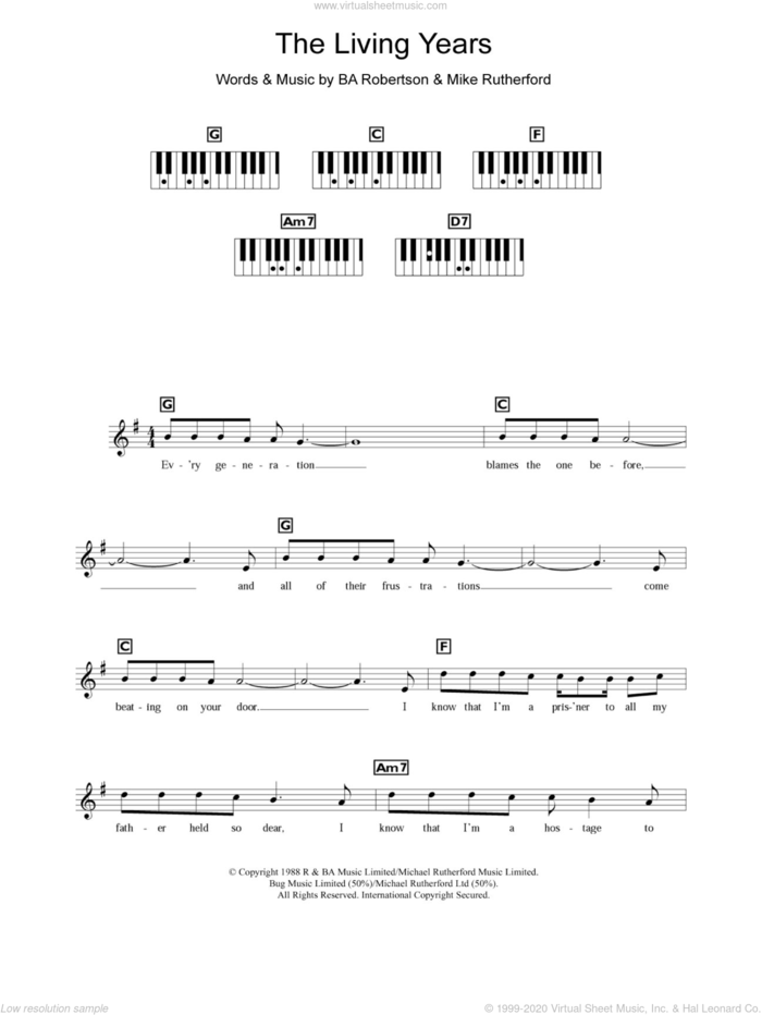 The Living Years sheet music for piano solo (keyboard) by Mike and The Mechanics, Mike & The Mechanics, B.A. Robertson, BA Robertson and Mike Rutherford, intermediate piano (keyboard)