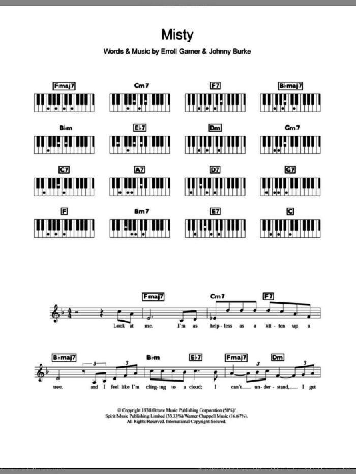 Misty sheet music for piano solo (chords, lyrics, melody) by Erroll Garner and John Burke, intermediate piano (chords, lyrics, melody)