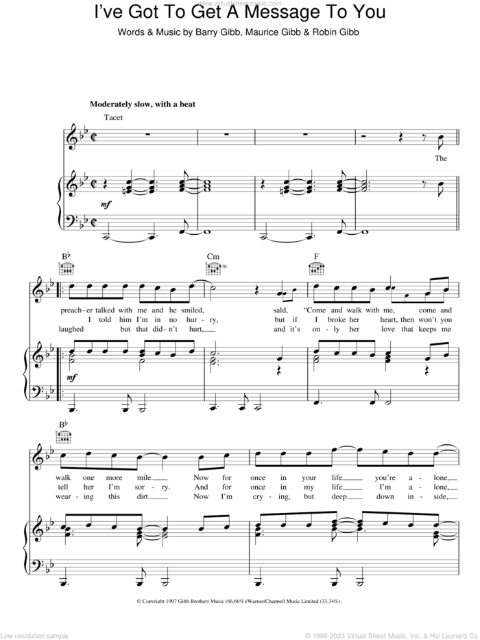 I've Gotta Get A Message To You sheet music for voice, piano or guitar by Bee Gees, Barry Gibb, Maurice Gibb and Robin Gibb, intermediate skill level