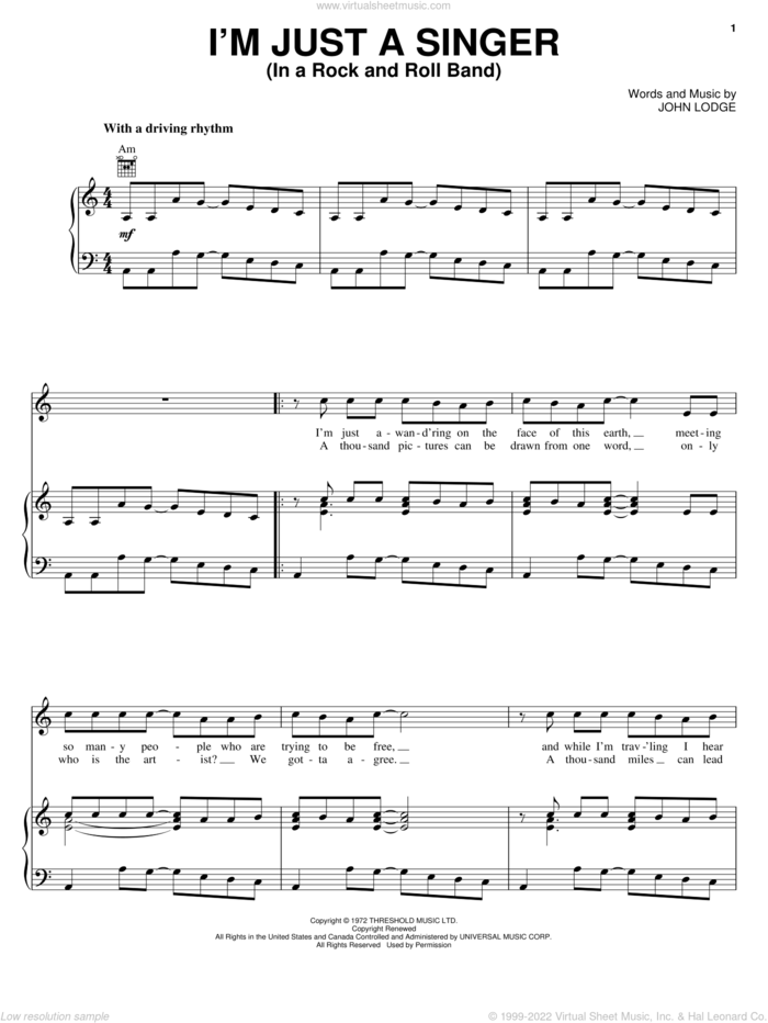 I'm Just A Singer (In A Rock And Roll Band) sheet music for voice, piano or guitar by The Moody Blues and John Lodge, intermediate skill level