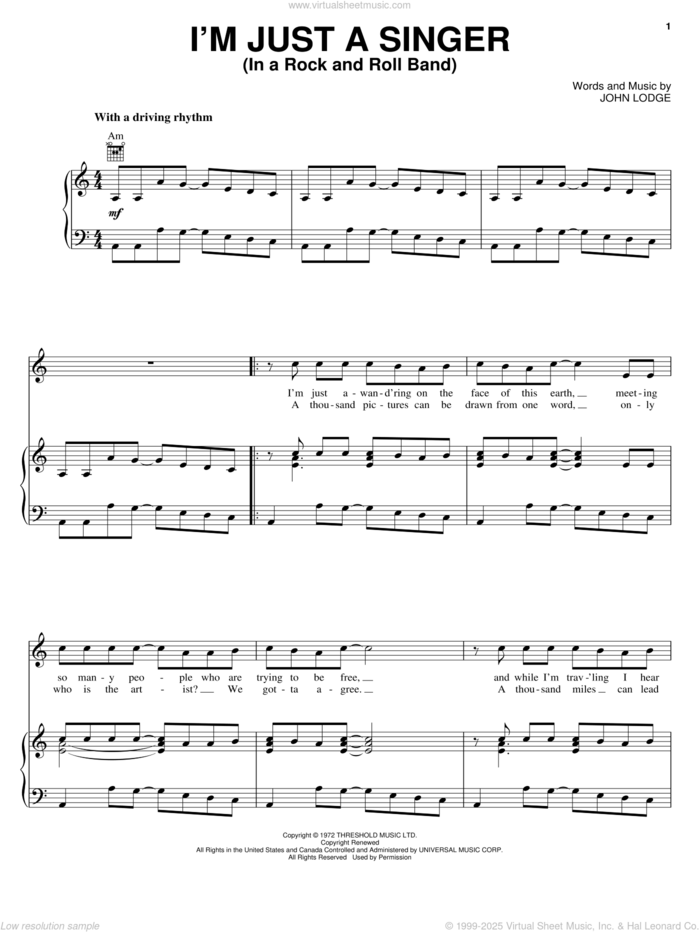 I'm Just A Singer (In A Rock And Roll Band) sheet music for voice, piano or guitar by The Moody Blues and John Lodge, intermediate skill level