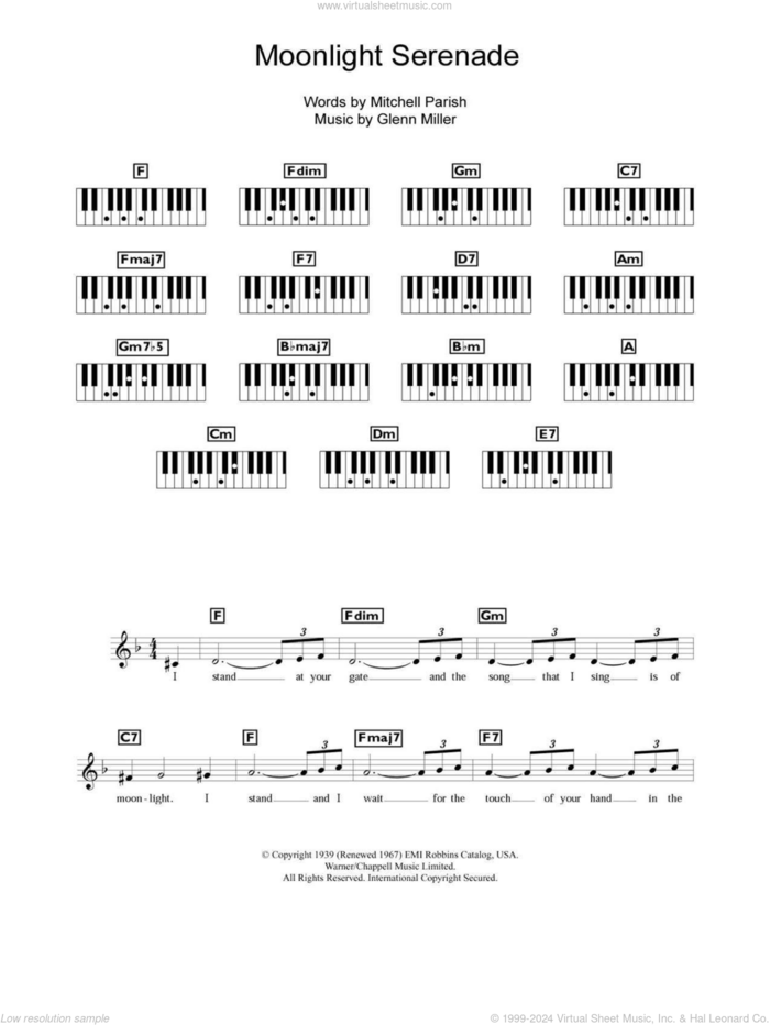 Moonlight Serenade sheet music for piano solo (chords, lyrics, melody) by Glenn Miller and Mitchell Parish, intermediate piano (chords, lyrics, melody)