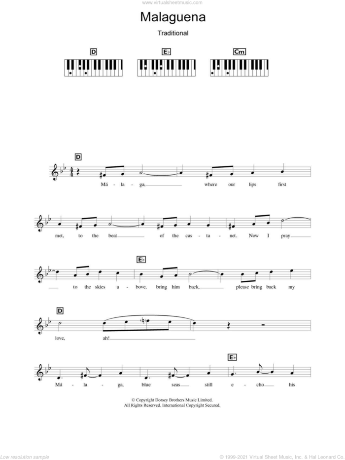 Malaguena sheet music for piano solo (chords, lyrics, melody) by Ernesto Lecuona and Connie Francis, intermediate piano (chords, lyrics, melody)