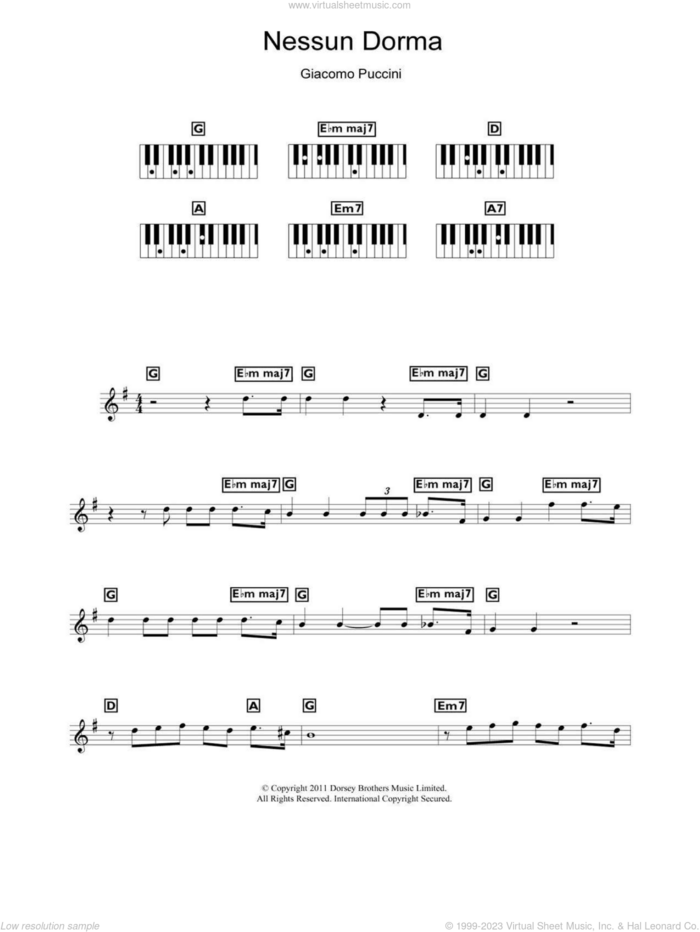 Nessun Dorma (from Turandot) sheet music for piano solo (chords, lyrics, melody) by Giacomo Puccini, classical score, intermediate piano (chords, lyrics, melody)