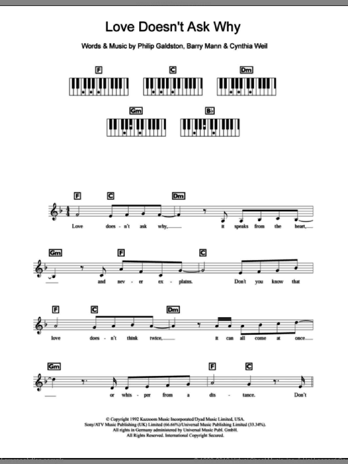 Love Doesn't Ask Why sheet music for piano solo (chords, lyrics, melody) by Celine Dion, Barry Mann, Cynthia Weil and Philip Galdston, intermediate piano (chords, lyrics, melody)