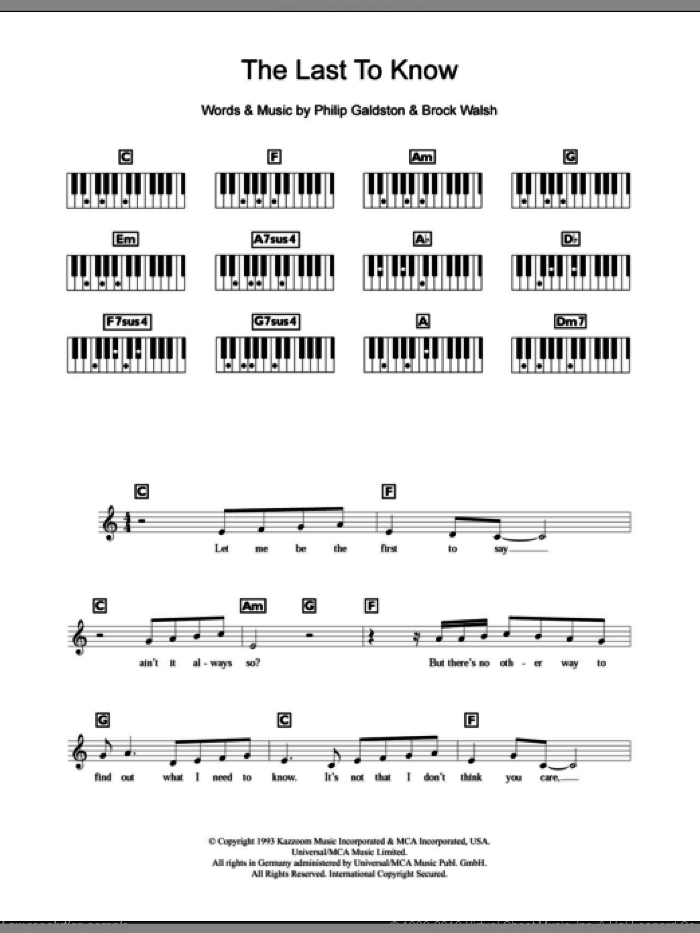 The Last To Know sheet music for piano solo (chords, lyrics, melody) by Celine Dion, Brock Walsh and Philip Galdston, intermediate piano (chords, lyrics, melody)