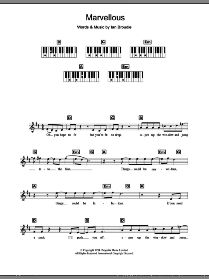 Marvellous sheet music for piano solo (chords, lyrics, melody) by The Lightning Seeds and Ian Broudie, intermediate piano (chords, lyrics, melody)