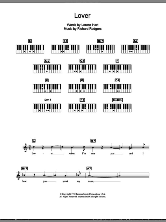 Lover sheet music for piano solo (chords, lyrics, melody) by Rodgers & Hart, Lorenz Hart and Richard Rodgers, intermediate piano (chords, lyrics, melody)