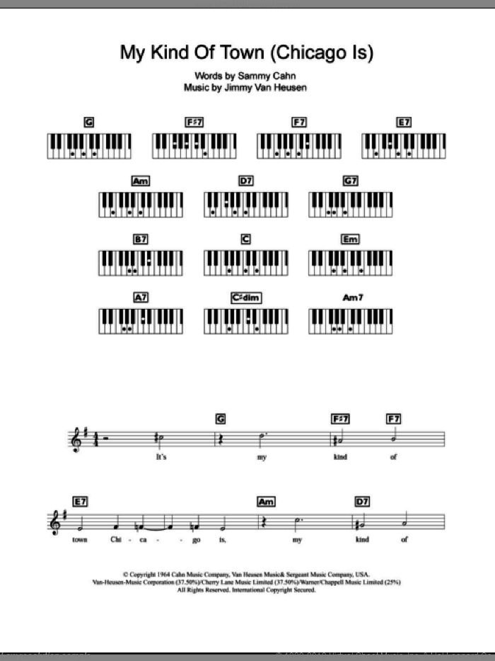 My Kind Of Town (Chicago Is) sheet music for piano solo (chords, lyrics, melody) by Frank Sinatra, Jimmy van Heusen and Sammy Cahn, intermediate piano (chords, lyrics, melody)