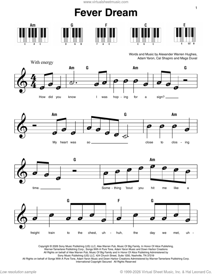 Fever Dream sheet music for piano solo by Alex Warren, Adam Yaron, Alexander Warren Hughes, Cal Shapiro and Maggie Chapman (Mags Duvall), beginner skill level