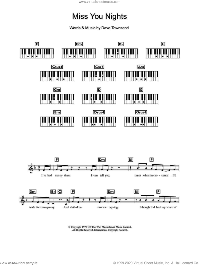 Miss You Nights sheet music for piano solo (chords, lyrics, melody) by Westlife and Dave Townsend, intermediate piano (chords, lyrics, melody)