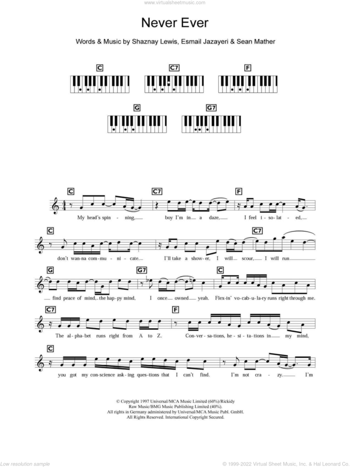 Never Ever sheet music for piano solo (chords, lyrics, melody) by All Saints, Esmail Jazayeri, Sean Mather and Shaznay Lewis, intermediate piano (chords, lyrics, melody)