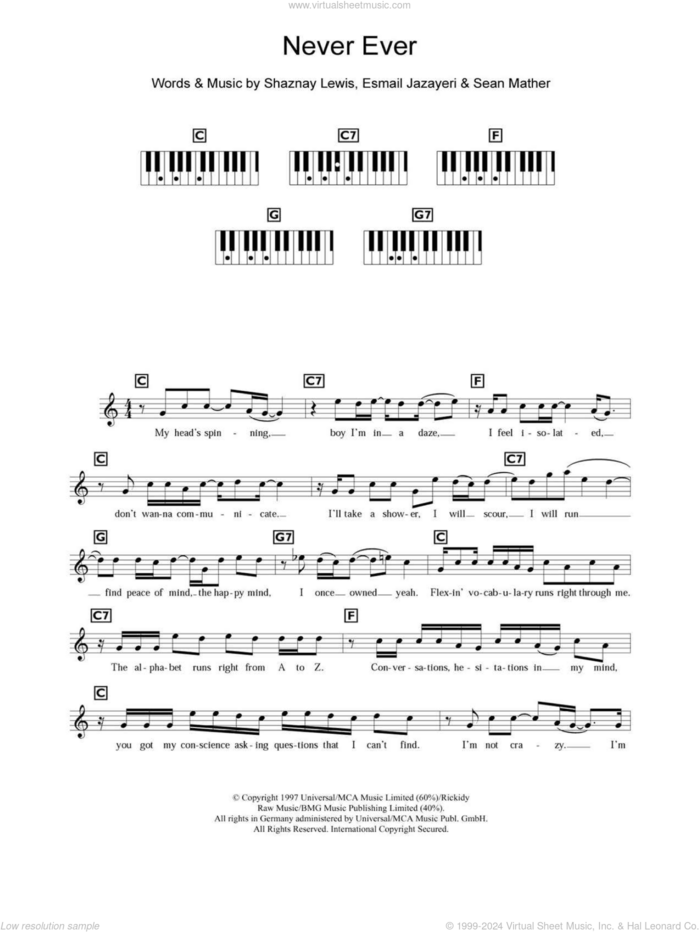 Never Ever sheet music for piano solo (chords, lyrics, melody) by All Saints, Esmail Jazayeri, Sean Mather and Shaznay Lewis, intermediate piano (chords, lyrics, melody)