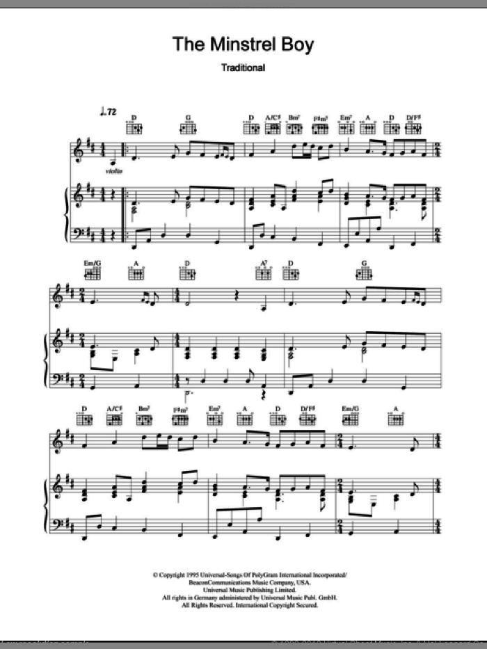 The Minstrel Boy sheet music for voice, piano or guitar by The Corrs, Andrea Corr, Caroline Corr, Jim Corr, Sharon Corr and Miscellaneous, intermediate skill level