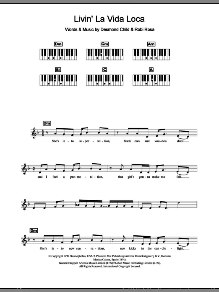 Livin' La Vida Loca sheet music for piano solo (chords, lyrics, melody) by Ricky Martin, Desmond Child and Robi Rosa, intermediate piano (chords, lyrics, melody)
