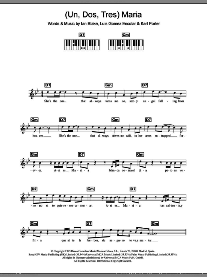 (Un, Dos, Tres) Maria sheet music for piano solo (chords, lyrics, melody) by Ricky Martin, Ian Blake, Karl Porter and Luis Gomez Escolar, intermediate piano (chords, lyrics, melody)