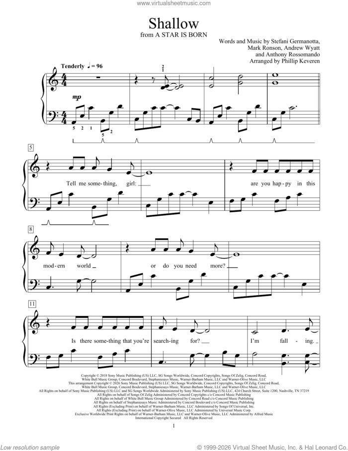Shallow (arr. Phillip Keveren) sheet music for piano solo (elementary) by Lady Gaga, Mona Rejino, Phillip Keveren, Andrew Wyatt, Anthony Rossomando and Mark Ronson, beginner piano (elementary)