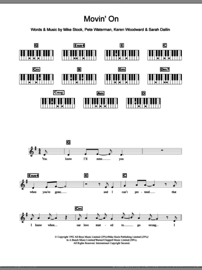 Movin' On sheet music for piano solo (chords, lyrics, melody) by Steps, Keren Woodward, Mike Stock, Pete Waterman and Sarah Dallin, intermediate piano (chords, lyrics, melody)