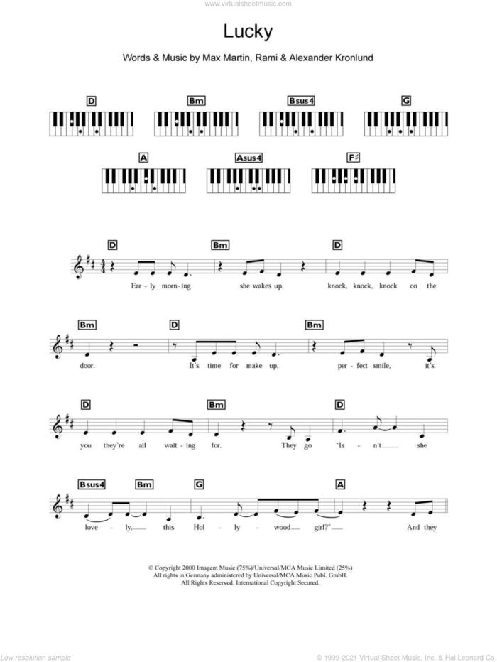 Lucky sheet music for piano solo (chords, lyrics, melody) by Britney Spears, Alexander Kronlund, Max Martin and Rami, intermediate piano (chords, lyrics, melody)