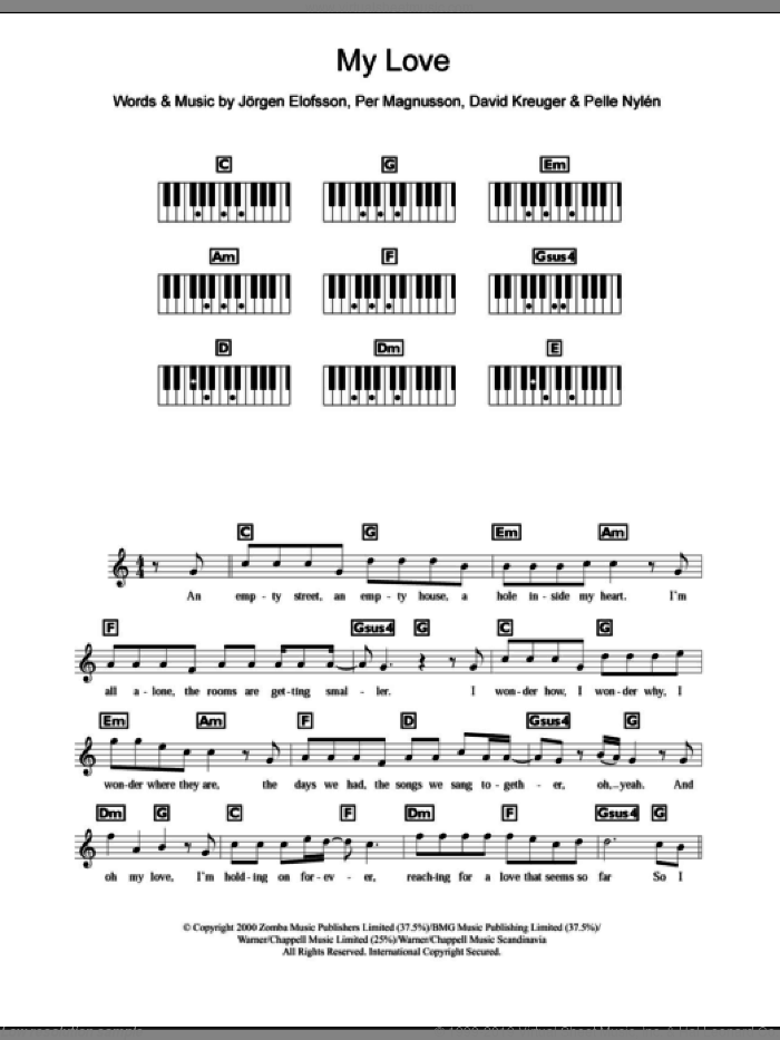 My Love sheet music for piano solo (chords, lyrics, melody) by Westlife, David Kreuger, Jorgen Elofsson, Pelle Nylen and Per Magnusson, intermediate piano (chords, lyrics, melody)