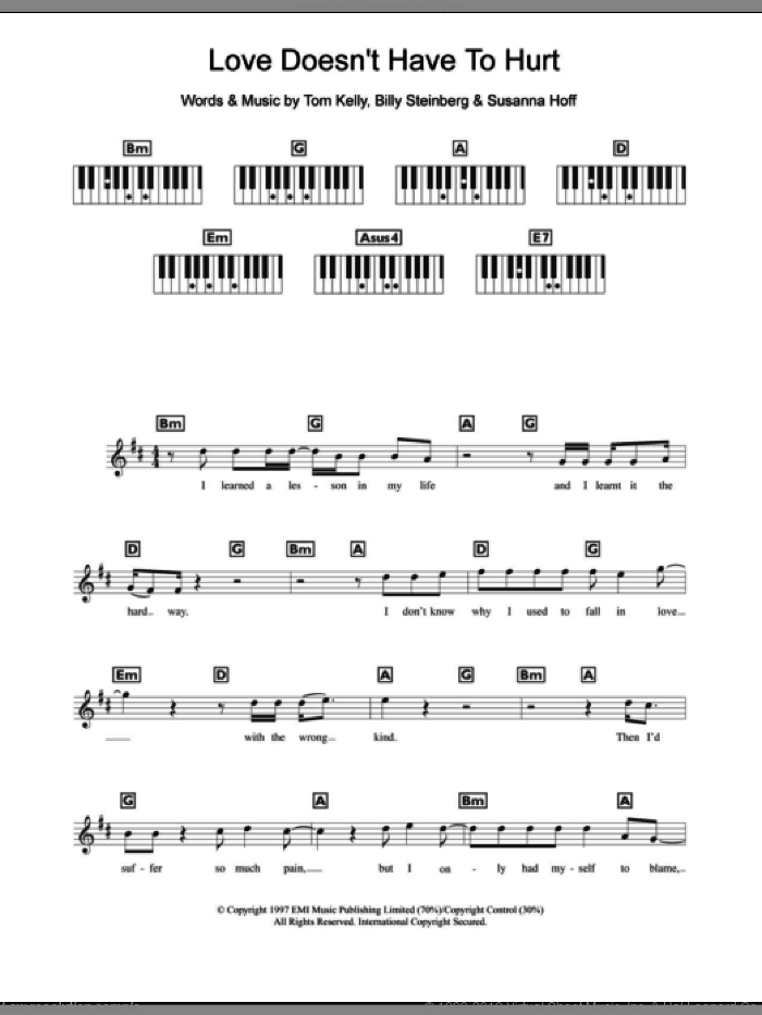 Love Doesn't Have To Hurt sheet music for piano solo (chords, lyrics, melody) by Atomic Kitten, Billy Steinberg, Susanna Hoff and Tom Kelly, intermediate piano (chords, lyrics, melody)