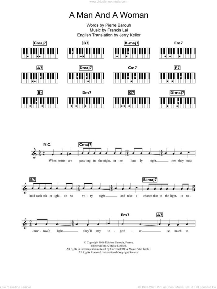 A Man And A Woman (Un Homme Et Une Femme) sheet music for piano solo (chords, lyrics, melody) by Francis Lai and Pierre Barouh, intermediate piano (chords, lyrics, melody)