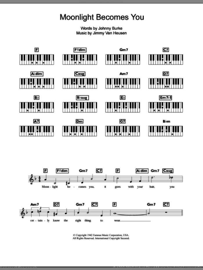 Moonlight Becomes You sheet music for piano solo (chords, lyrics, melody) by Bing Crosby, Jimmy van Heusen and John Burke, intermediate piano (chords, lyrics, melody)