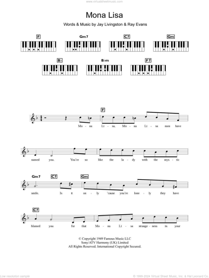 Mona Lisa sheet music for piano solo (chords, lyrics, melody) by Nat King Cole, Manuel Seal, Jay Livingston and Ray Evans, intermediate piano (chords, lyrics, melody)