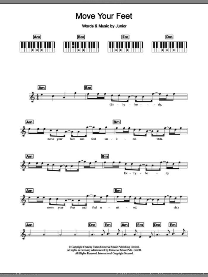 Move Your Feet sheet music for piano solo (chords, lyrics, melody) by Junior Senior and Junior, intermediate piano (chords, lyrics, melody)