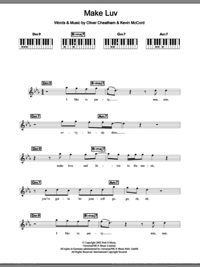 Make Luv sheet music for piano solo (chords, lyrics, melody) by Room 5 featuring Oliver Cheatham, Kevin McCord and Oliver Cheatham, intermediate piano (chords, lyrics, melody)