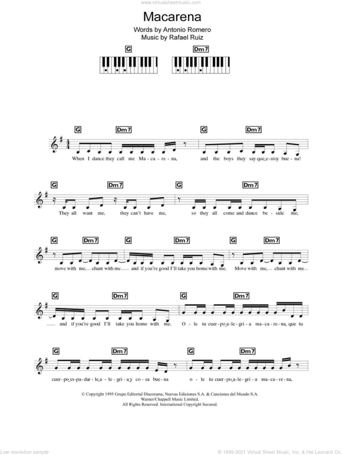 Macarena sheet music for piano solo (chords, lyrics, melody) by Los Del Rio, Antonio Romero and Rafael Ruiz, intermediate piano (chords, lyrics, melody)