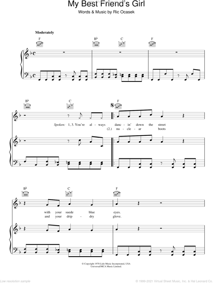 My Best Friend's Girl sheet music for voice, piano or guitar by The Cars and Ric Ocasek, intermediate skill level