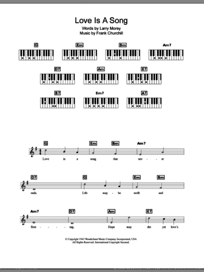 Love Is A Song (from Walt Disney's Bambi) sheet music for piano solo (chords, lyrics, melody) by Frank Churchill and Larry Morey, intermediate piano (chords, lyrics, melody)