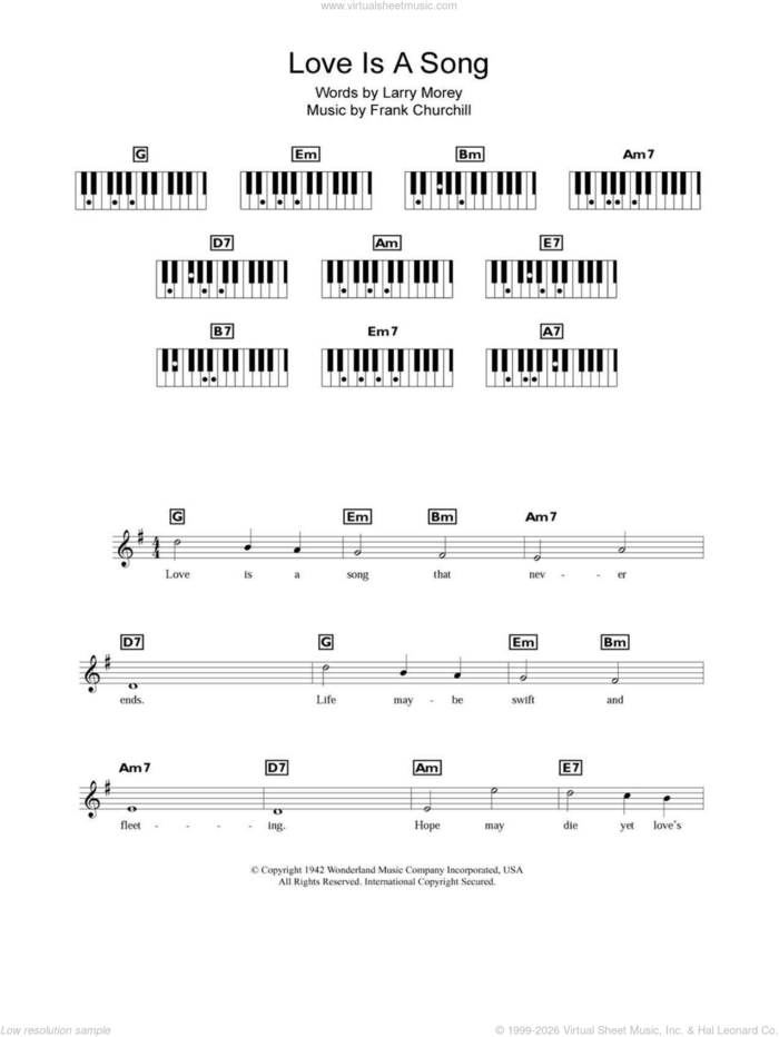 Love Is A Song (from Walt Disney's Bambi) sheet music for piano solo (chords, lyrics, melody) by Frank Churchill and Larry Morey, intermediate piano (chords, lyrics, melody)
