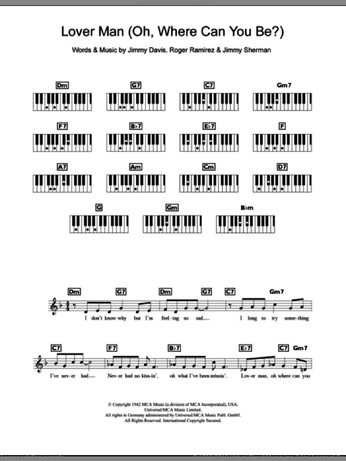 Lover Man (Oh, Where Can You Be?) sheet music for piano solo (chords, lyrics, melody) by Billie Holiday, Jimmie Davis, Jimmy Sherman and Roger Ramirez, intermediate piano (chords, lyrics, melody)
