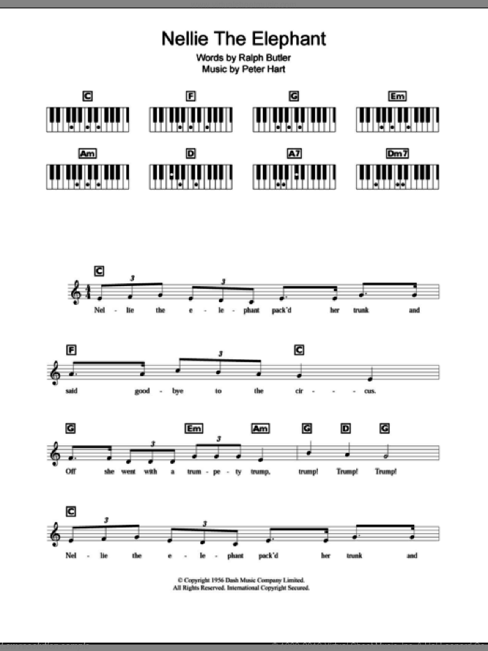 Nellie The Elephant sheet music for piano solo (chords, lyrics, melody) by Ralph Butler and Peter Hart, intermediate piano (chords, lyrics, melody)