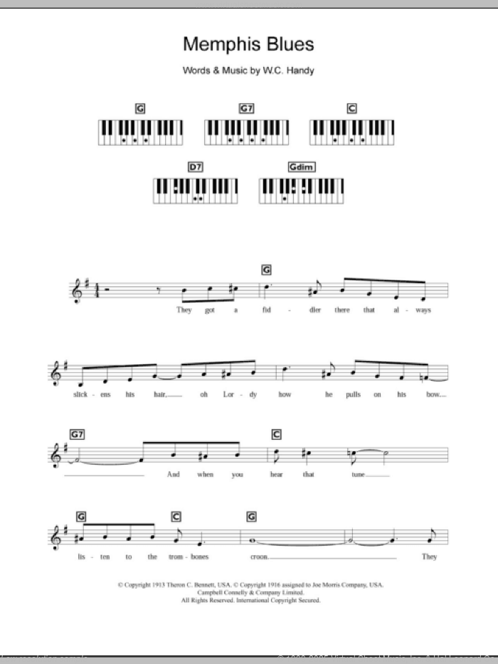 Memphis Blues sheet music for piano solo (chords, lyrics, melody) by W.C. Handy, intermediate piano (chords, lyrics, melody)