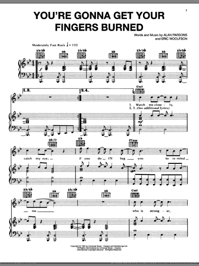 You're Gonna Get Your Fingers Burned sheet music for voice, piano or guitar by Alan Parsons Project, Alan Parsons and Eric Woolfson, intermediate skill level