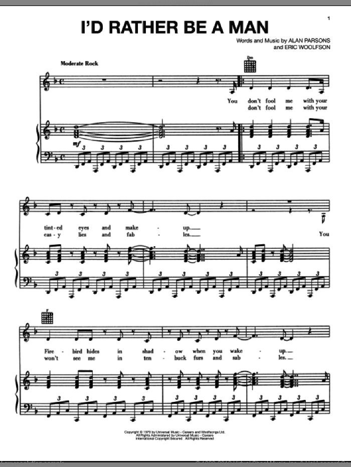 I'd Rather Be A Man sheet music for voice, piano or guitar by Alan Parsons Project, Alan Parsons and Eric Woolfson, intermediate skill level