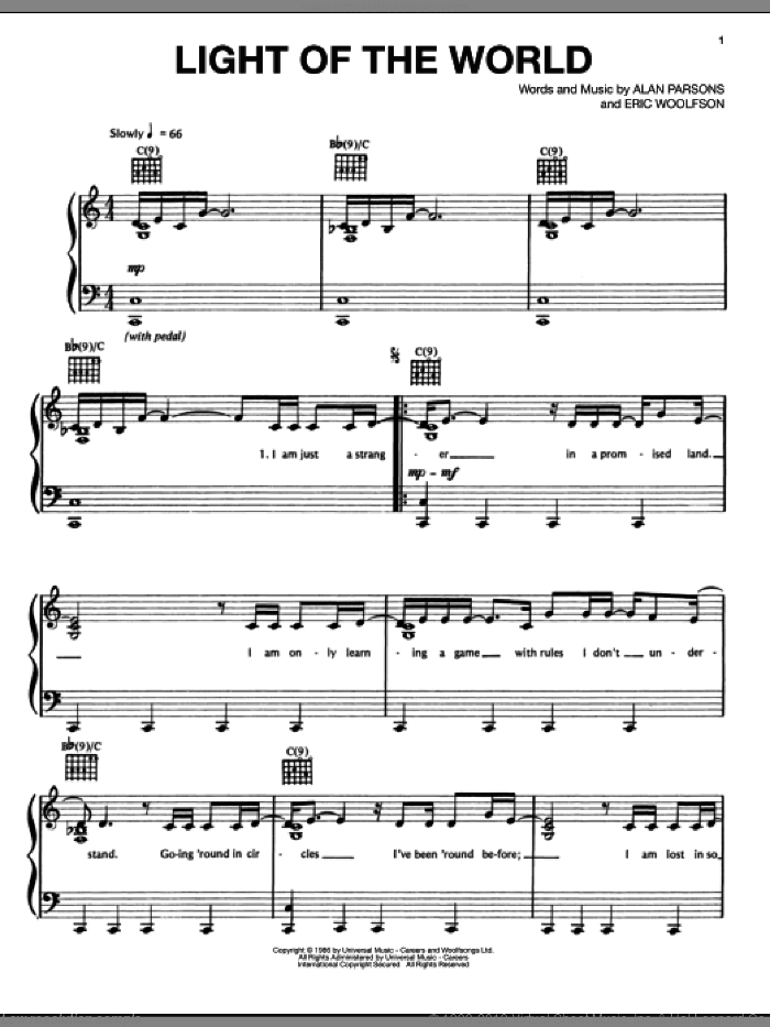 Light Of The World sheet music for voice, piano or guitar by Alan Parsons Project, Alan Parsons and Eric Woolfson, intermediate skill level