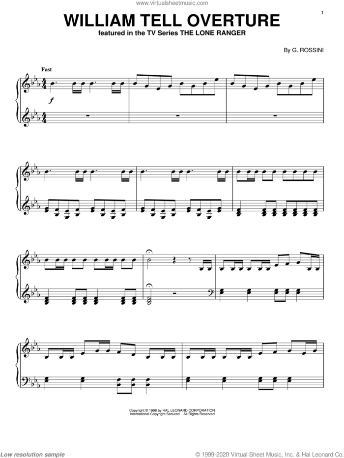 William Tell Overture, (intermediate) sheet music for piano solo by Gioacchino Rossini, classical score, intermediate skill level