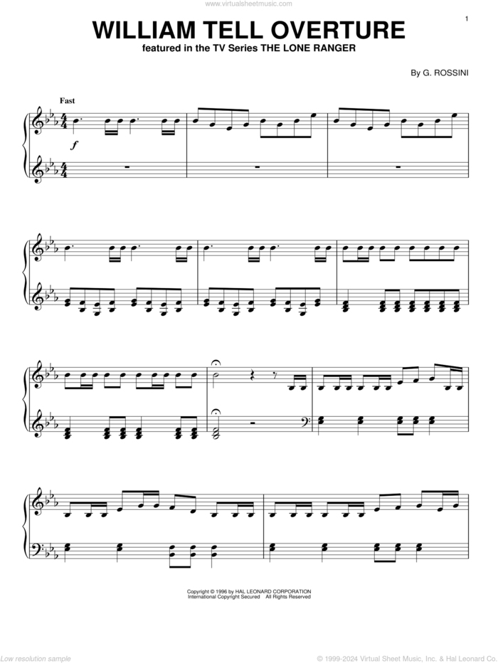 William Tell Overture, (intermediate) sheet music for piano solo by Gioacchino Rossini, classical score, intermediate skill level