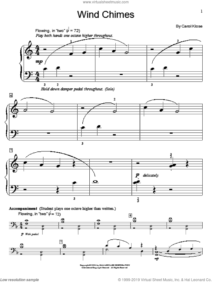 Wind Chimes sheet music for piano solo (elementary) by Carol Klose and Miscellaneous, beginner piano (elementary)